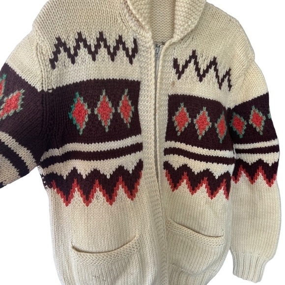 VTG 50s Cowichan Style Mary Maxim Wool Heavy Knit Cardigan Lightning Zip FLAWS - Picture 2 of 16